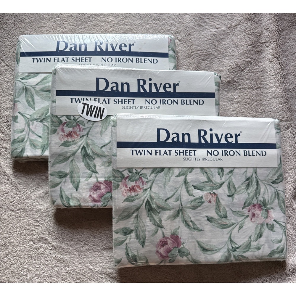 NIP Vintage Dan River Floral Twin Bed Flat Sheet No-Iron USA Lot Of 3 Sealed